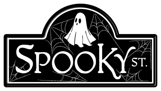 15" Spooky Street Metal Halloween Sign with Ghosts and Spiders For Wreath Accents, Crafts, and Decorations